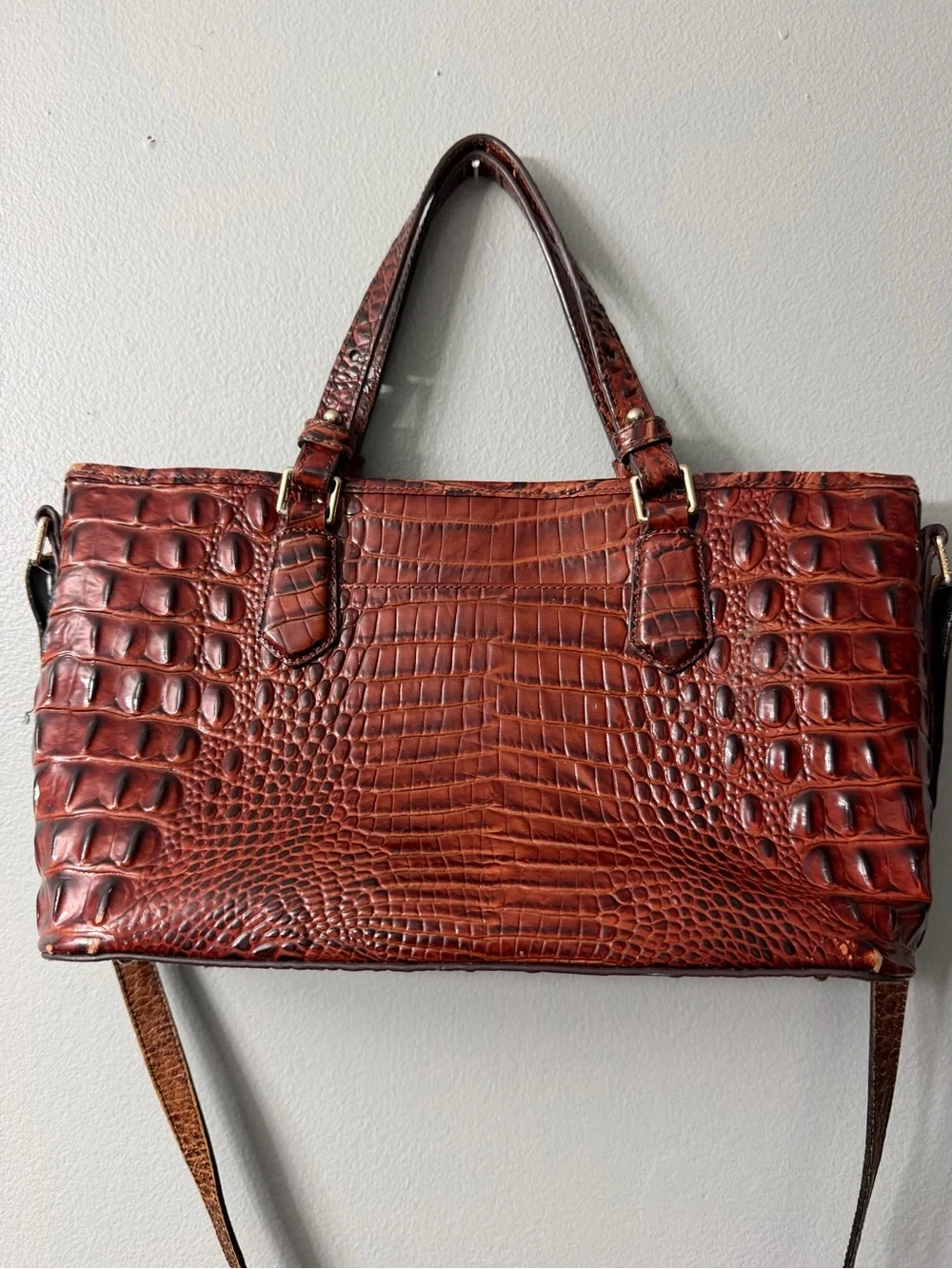 Brahmin Mini Asher Satchel in Pecan Melbourne leather, featuring a textured croc
